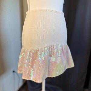 Queen of Sparkles Smocked Sequin Skirt White Iridescent Ruffle Mini Small NWT